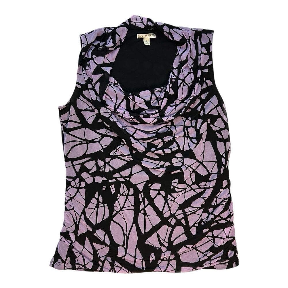 Dana Buchman Sleeveless Cowl Neck Blouse Top L Large Purple Black Abstract Ruch - Picture 1 of 8